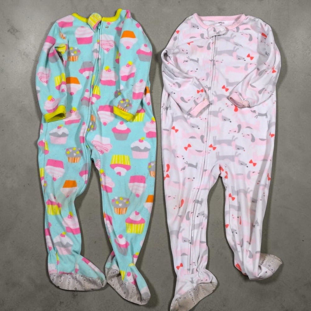 Carters 3T Girls Fleece Pajamas Lot 3 Cupcake Dog Leopard Footed Sleepers Pink - Picture 2 of 9